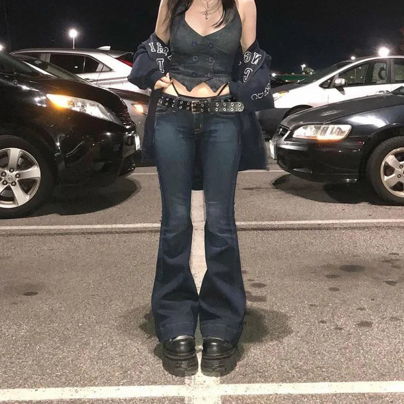 LIZAKOSHT  -  y2k Flare Jeans Vintage Low Waisted Cute Trousers Aesthetic Streetwear Casual Cargo Pants Women Korean Distressed Jean