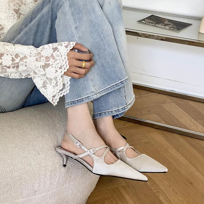 LIZAKOSHT  -  Spring Fashion Narrow Band Buckle Strap Sandals Women Pumps Elegant Pointed Toe Thin Heel Party Dress Ladies Shoes Footwear