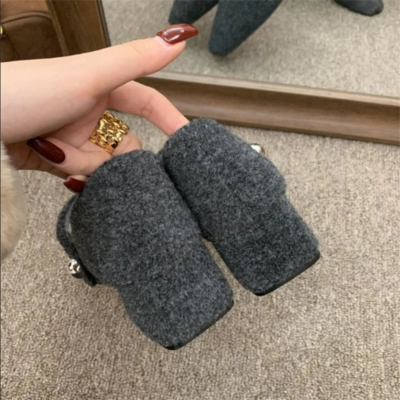 LIZAKOSHT  -  Autumn Winter New Korean Version French Light Luxury Retro Niche Design High-heeled Square Plush Single Shoes Women's Shoes