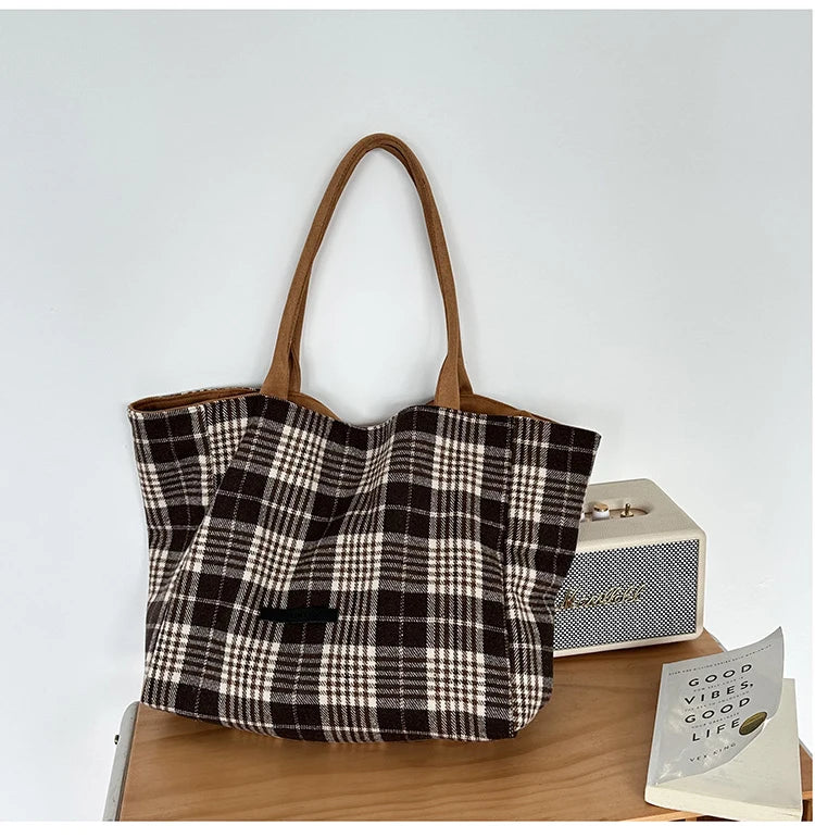 LIZAKOSHT  -  Autumn and Winter Woolen Plaid Shoulder Bag Double Sided Use Handbag Large Capacity Tote Bags For Women
