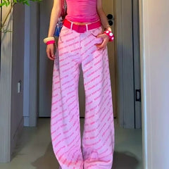 LIZAKOSHT  -  Fashion Spicy Girl Dopamine Pink Letter-printed Trendy Straight-leg Jeans for Women New Niche Loose Slimming and Wide-leg Style