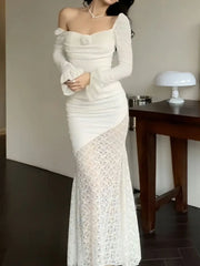 Lizakosht Lace Long Dresses Women French Elegant Square Collar Mermaid Dress Female Long Sleeve Off Shoulder Bodycon Evening Party Dresses