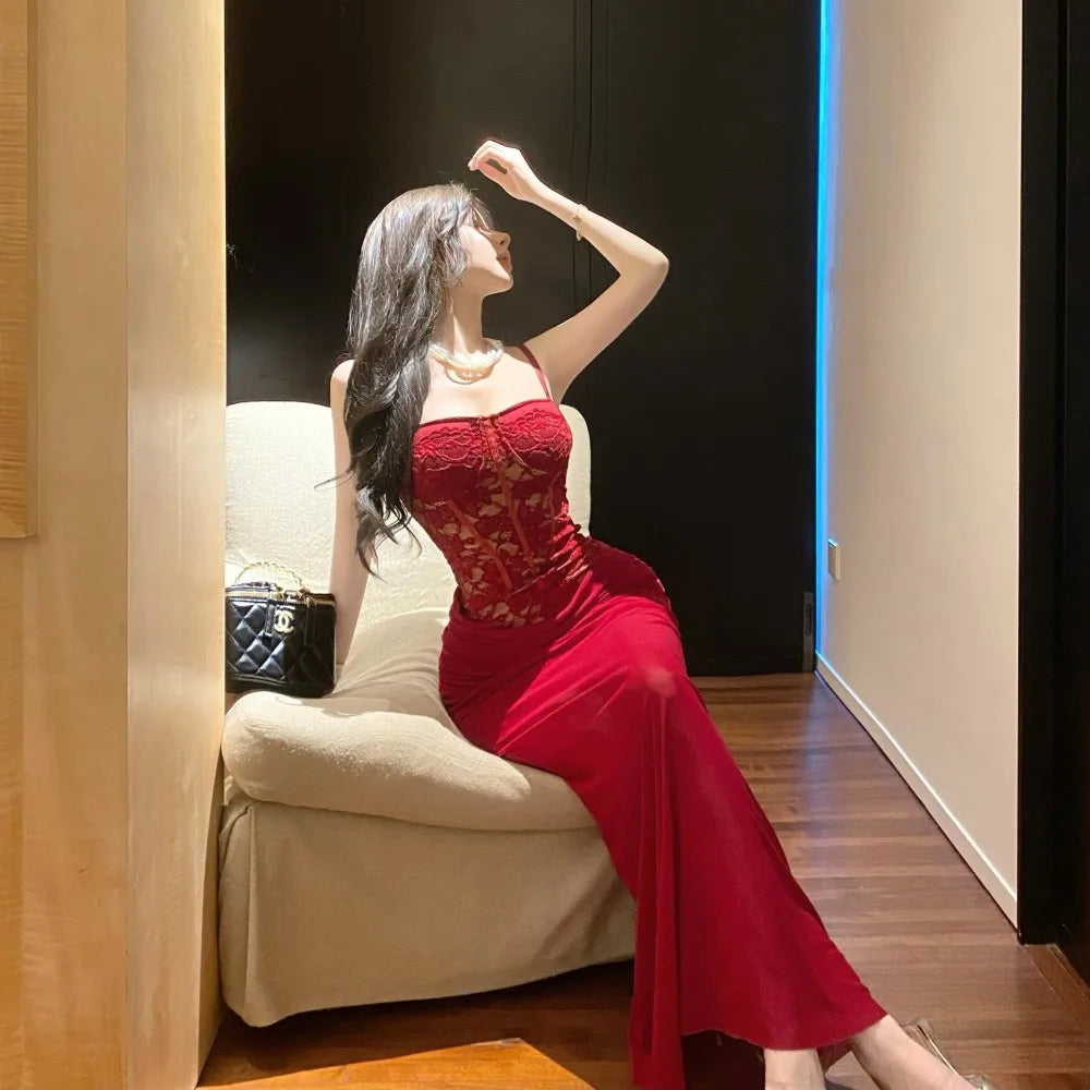 LIZAKOSHT  -  Women's Pure Desire Wind Red Lace Waist Dress Dress