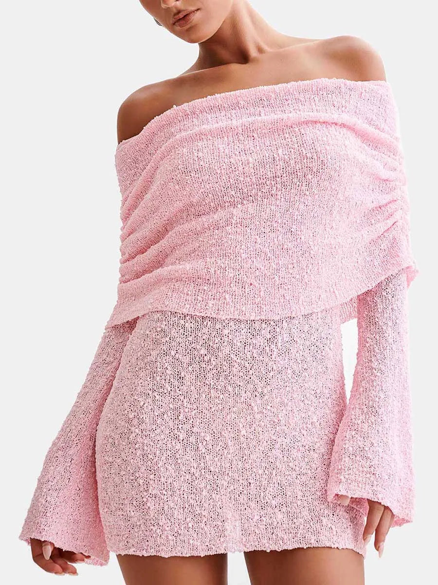 LIZAKOSHT  -  Sexy Women Bodycon Knitted Mini Dress Elegant Lady Boat Neck Off Shoulder Long Sleeve Casual Fuzzy Short Dress Party Cub