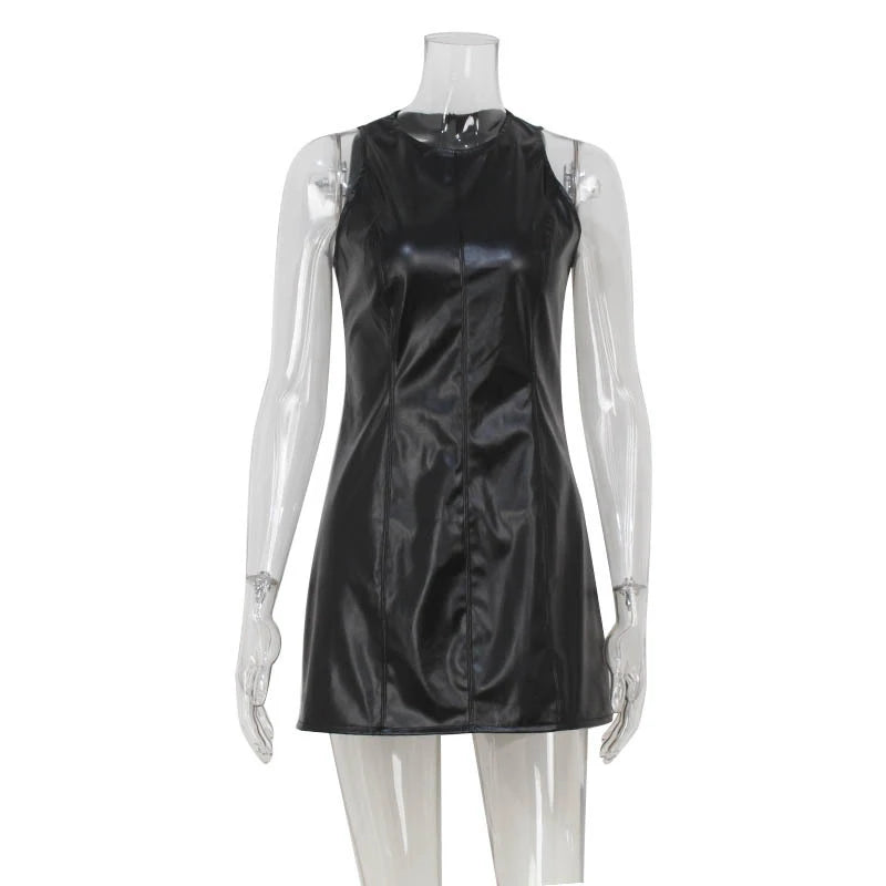 LIZAKOSHT  -  Vintage Faux Pu Leather Sleeveless O Neck Black Summer Party Mini Dress Slim Fit Zip Up Bodycon Sexy Trendy Vestidos