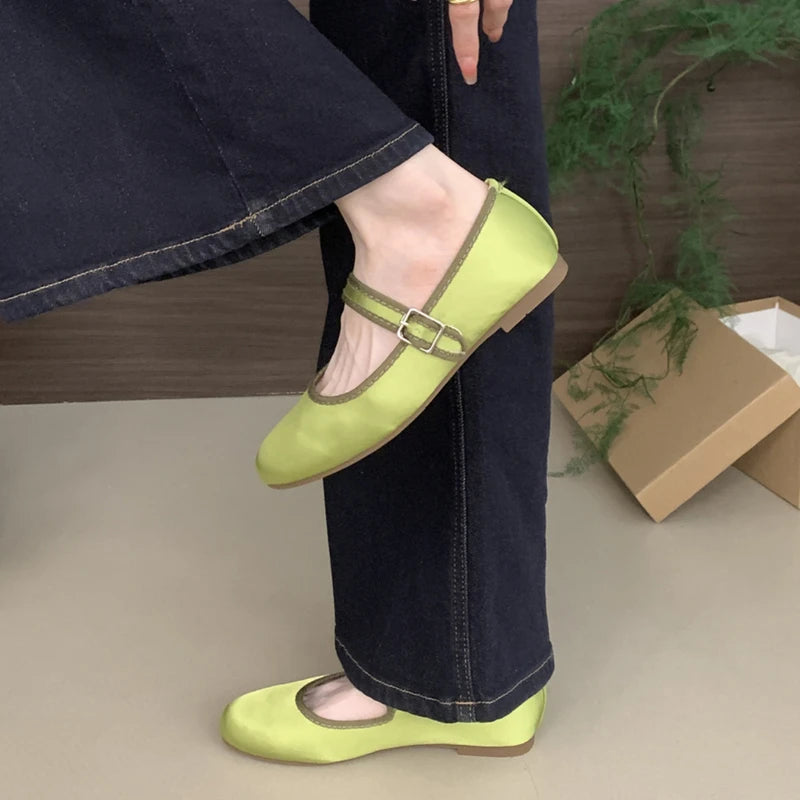 LIZAKOSHT  -  Comfort Satin Soft Sole Ladies Mary Jane Shoes Fashion Round Toe Shallow Women Flats Elegant Buckle Prom Designer Ballet Shoes