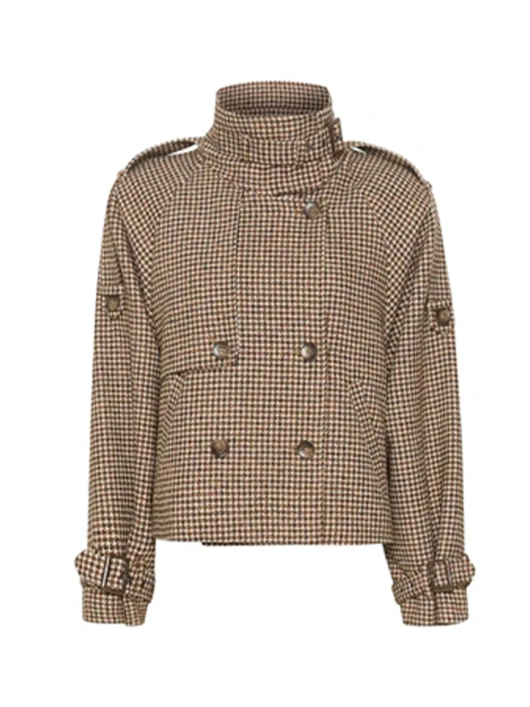 LIZAKOSHT  -  Vintage Women Stand Collar Plaid Coat Long Sleeve Double Button Pockets Thick Cropped Jacket 2025 Autumn Winter Lady Outwear