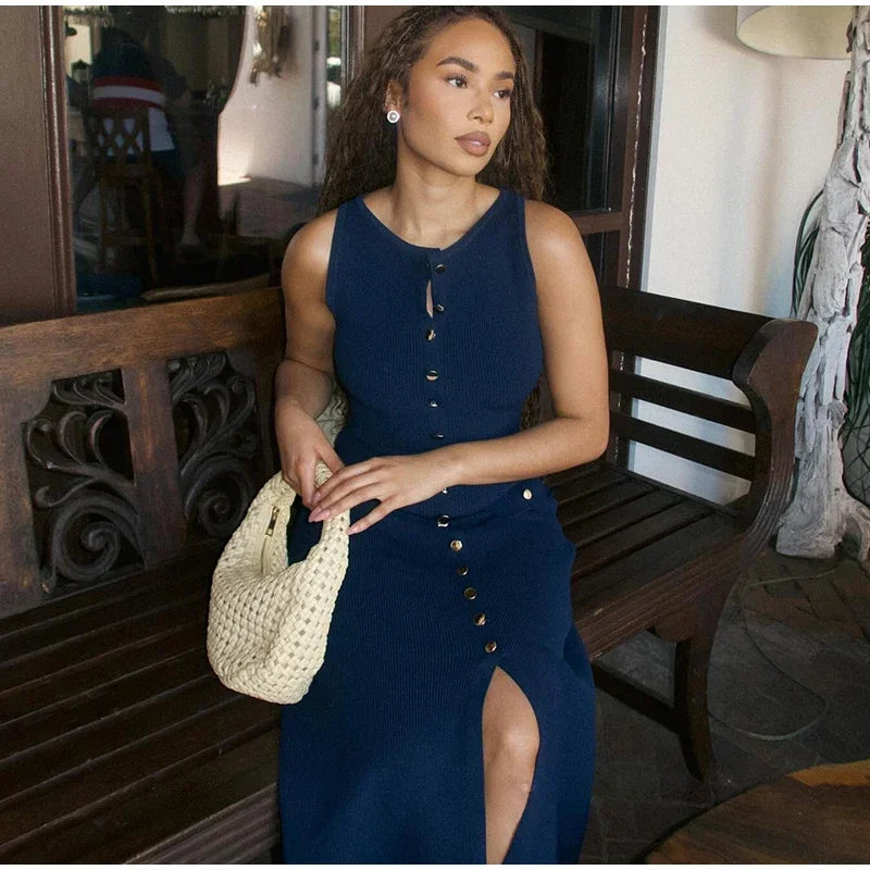LIZAKOSHT  -  Summer Lady Knitted Single Breasted Long Dresses Women Solid Sleeveless O Neck Button Bodycon Party Female Vestidos