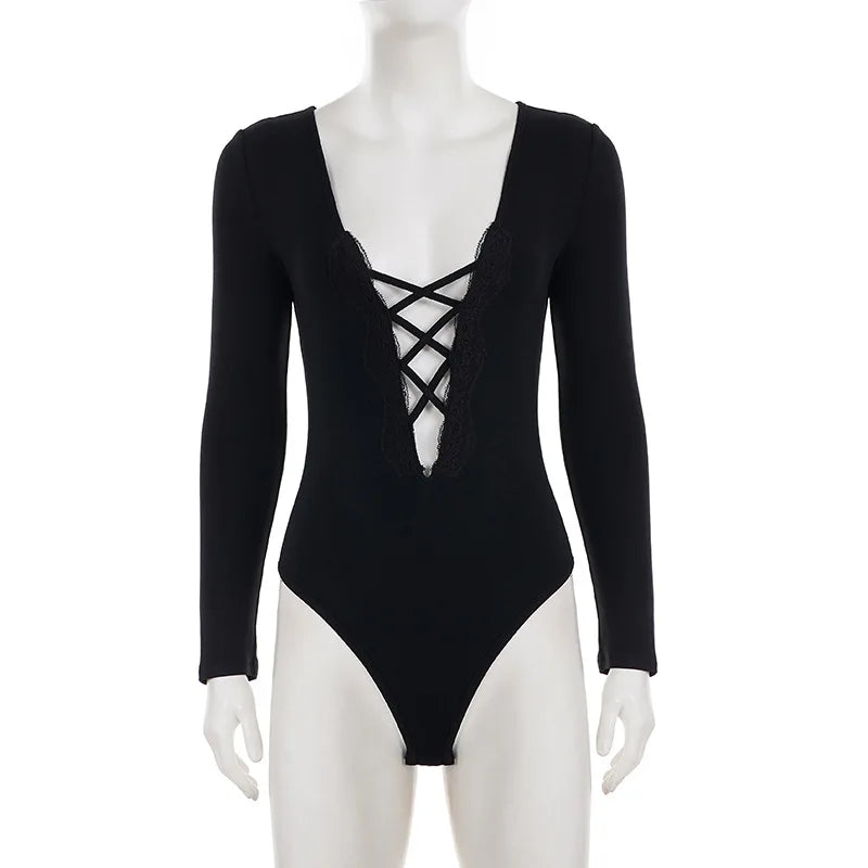 LIZAKOSHT  -  Sexy Deep V-neck Lace Patchwork Black Bodysuit Elegant Women's Style Basic Solid Long Sleeve Tight Fit T-shirt Streetwear