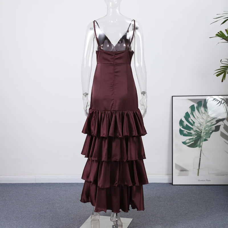 LIZAKOSHT  -  Sexy Solid Ruffles Sling Dress Women Sleeveless Backless Empire V-neck Long Party Dresses Female Spring Chic Lady A-line Robes