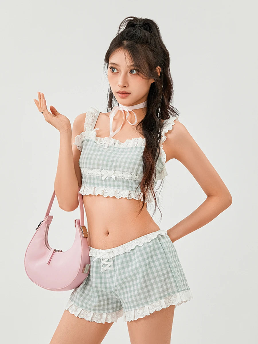 LIZAKOSHT  -  Kawaii Summer Two-Piece Top Shorts Suits Y2K Aesthetic Clothes Women Girls Lace Trim Straps Crop Tops and Shorts Sets Streetwear