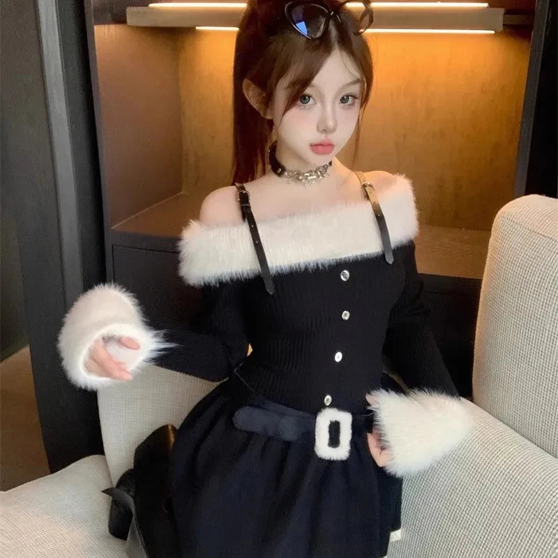 LIZAKOSHT  -  Women Knitted Mini Dress Autumn Hottie Slash Neck Patchwork Fashion Camisole Dresses Off Shoulder Belt Button Casual Vestidos