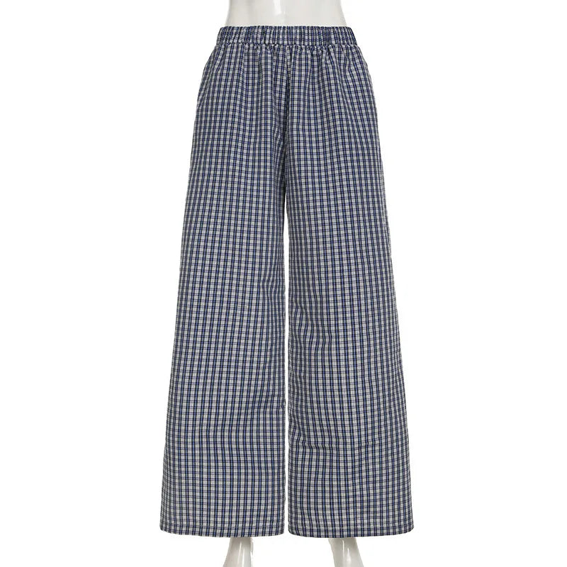 LIZAKOSHT  -  Spring New Product Simple and Personalized Waist Collection Color blocked Grid Design Wide Legs Comfortable Pants