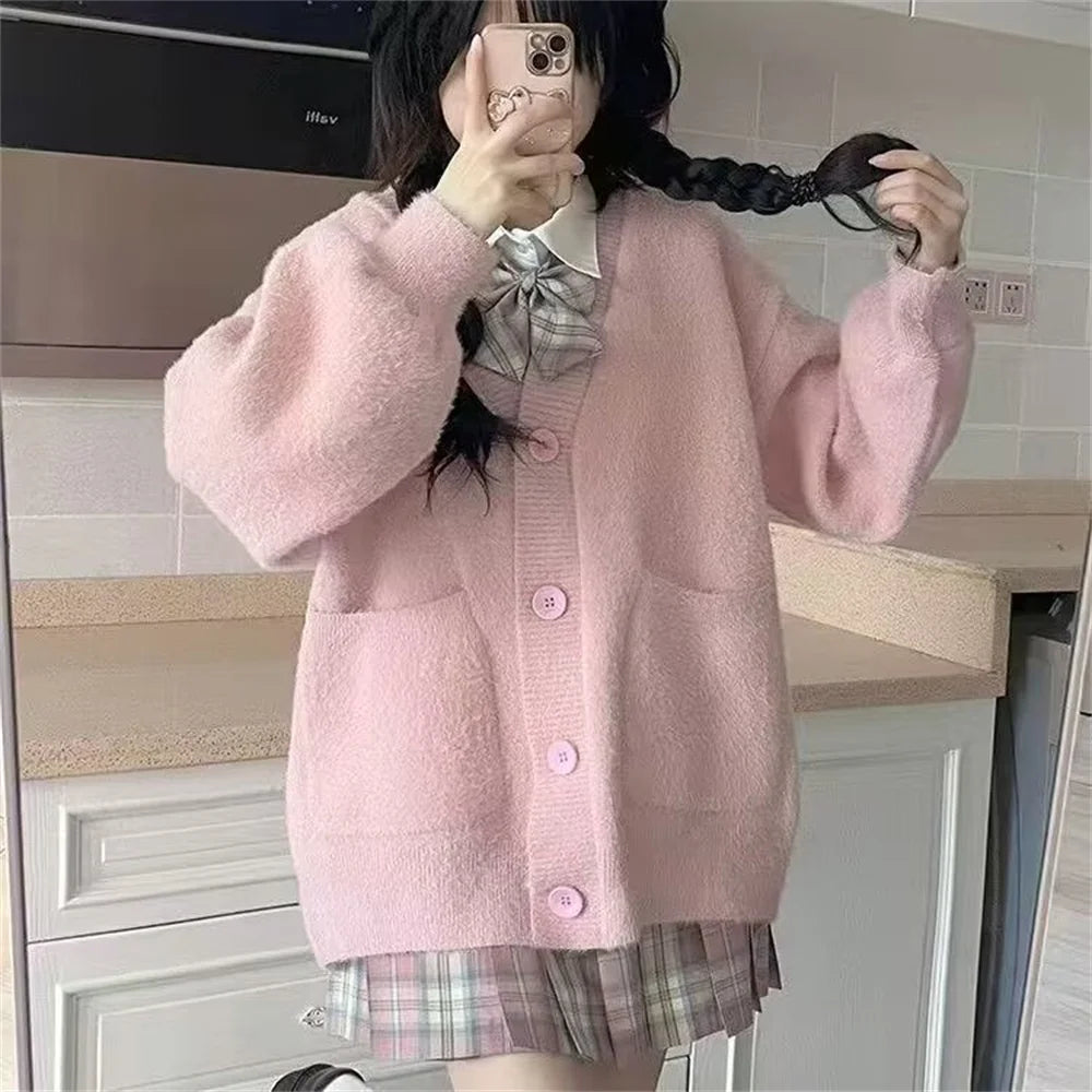 LIZAKOSHT  -  Japanese Fashion Knitted Sweater Women Cardigan Coat Female Soft Autumn Winter Warm Loose Pink Sweet Cardigan Women Clothes Top