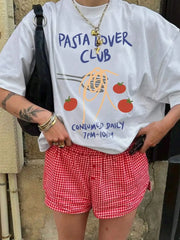LIZAKOSHT  -  Women Pasta Lover Club Graphic T-Shirt Retro Fruit Print Tee Short Sleeve Fashion Top Oversized Harajuku Y2k Streetwear T-Shirts