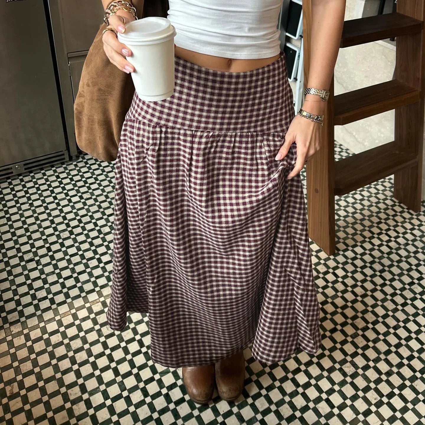 LIZAKOSHT  -  Summer College Plaid Contrasting Color Waist Slimming Half Skirt Versatile Daily Casual Hot Girl A-line Skirt
