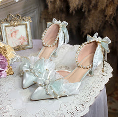 LIZAKOSHT  -  One Night Story Original Lolita Shoes Slim Heels Chinese Style Lolita Pointed Sandals High Heels Handmade Flower Wedding Shoes