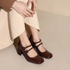 Lizakosht French high-heeled shoes New style square head thick heel Mary Jane's original high-heeled single buckle women's shoes