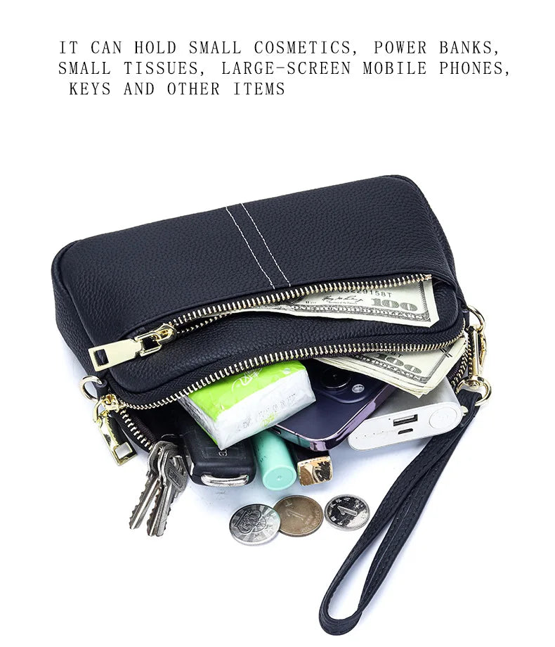 LIZAKOSHT  -  Genuine Leather women Shoulder Bag Small ladies Wristlet Bag Zip Money Coin Holder Purse Cowhide Multifunction phone wallet bols