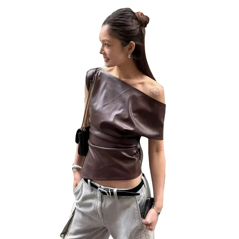 LIZAKOSHT  -  The 2025 Summer New Women's Irregular Leather Top Y2k High-quality and Fashionable High Street Pleated Cinched Waist Casual Vest