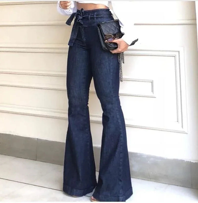 LIZAKOSHT  -  New Women Denim Tie Waist Flare Jeans Boyfriend Jeans Ladies High Waist Skinny bell bottom jeans Pants Autumn Wide Leg Mom Jeans