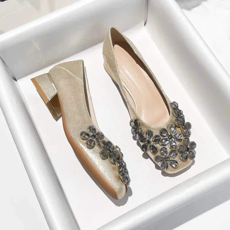 LIZAKOSHT  -  Crystal Flower Designer Women Shoes Chunky Elegant Dress Shoes Shallow Comfort Fashion Diamond Pumps Women Zapatos De Mujer