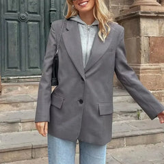 LIZAKOSHT  -  Casual Loose Hooded Blazer Women Elegant Single Breasted Long Sleeve Suit Coat Office Lady 2025 New Autumn Fashion Solid Coats