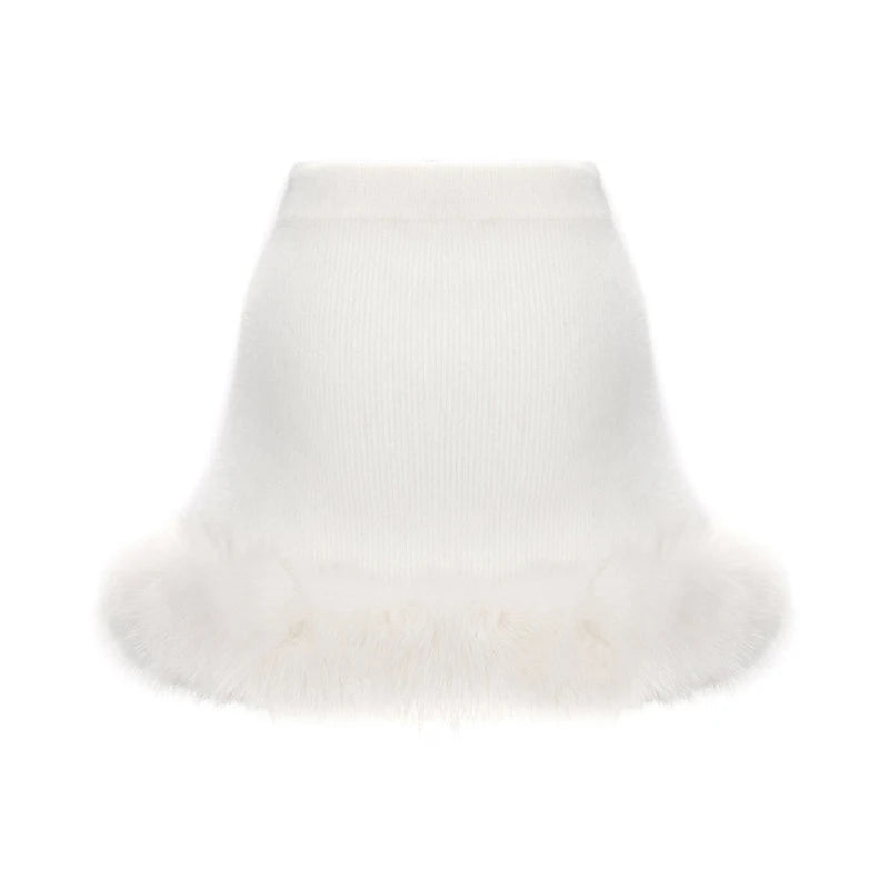 LIZAKOSHT  -  Knit Mini Skirts Pullover Sets Women Off Shoulder Long Sleeves Slim Patchwork Faux Fur Suits Female Chic New Solid Outfits