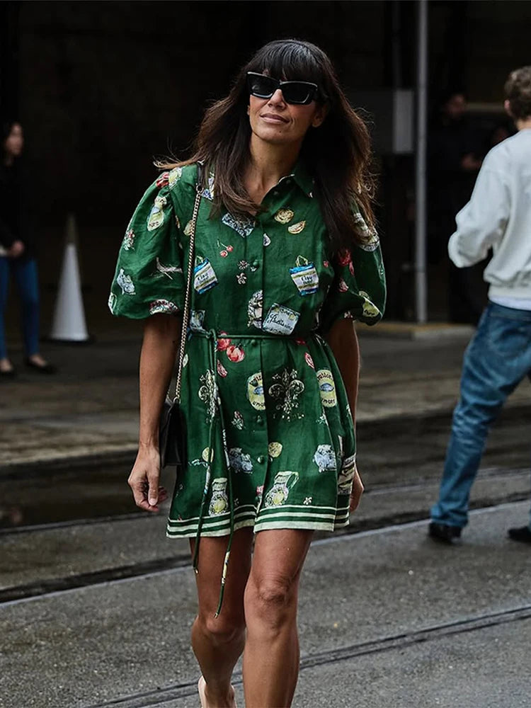 LIZAKOSHT  -  Printed Women's Short Dresses Single Breasted Turn-Down Collar Dress Lace Up Waist Slim Fit Ladies Out Suits High Street Clothes
