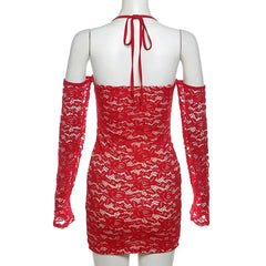 LIZAKOSHT  -  Women Sexy Red See Through Mini Lace Dress Strapless Off Shoulder Long Sleeve Lace Up Halter Backless Birthday Club Party Outfit