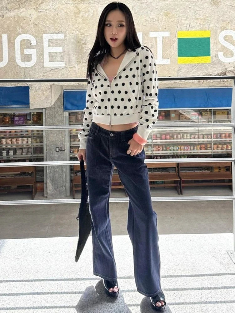LIZAKOSHT  -  Autumn Vintage Polka Dot Casual Drawstring Hoodie Harajuku Harajuku Grunge Loose Sweatshirts Women Y2k Aesthetic Zipper Hoody