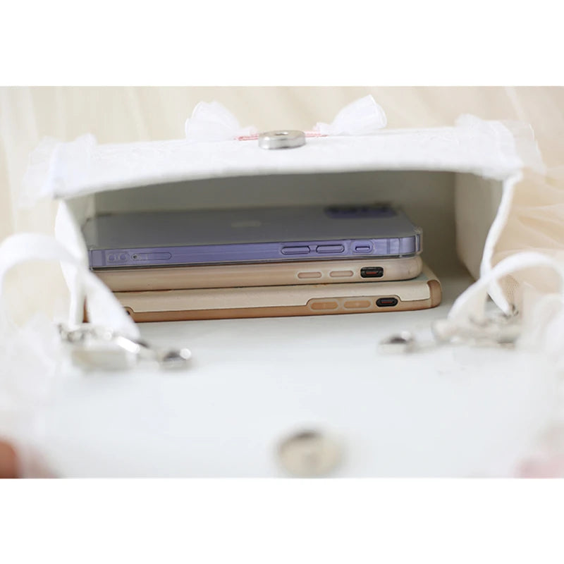 LIZAKOSHT  -  Lolita White Lace Bag Pearl Chain Purse Bowknot Handbag Sweet Tea Party Shoulder Bag Kawaii Girls Cute Bows Butterfly
