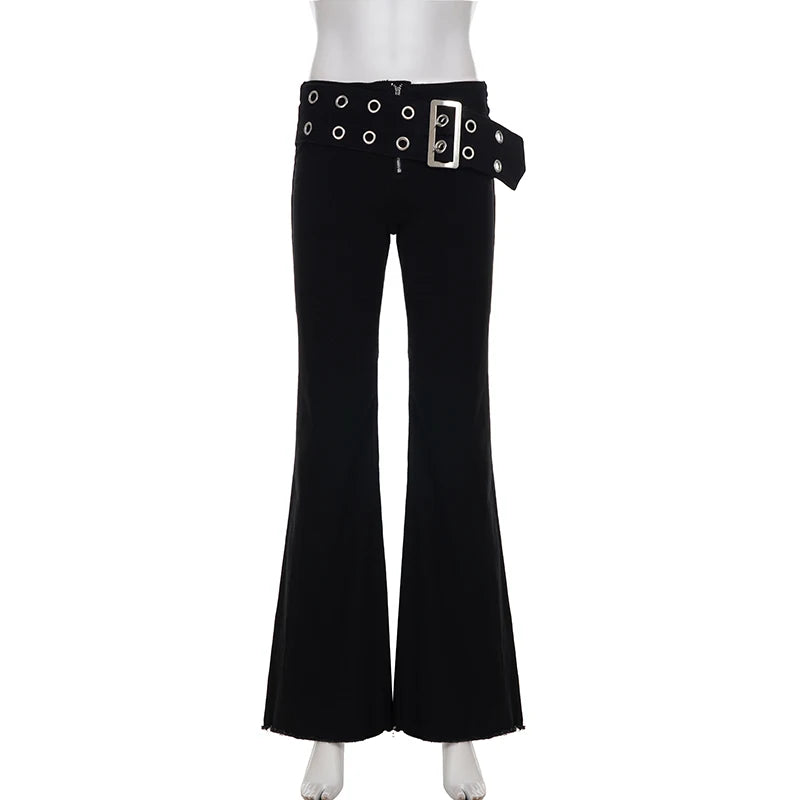 LIZAKOSHT  -  Y2k Heavy Duty Eyelet Belt Flared Jeans Punk Grunge Low-Waist Slim Skinny Denim Trousers Aesthetic 2000s Pants Fashion