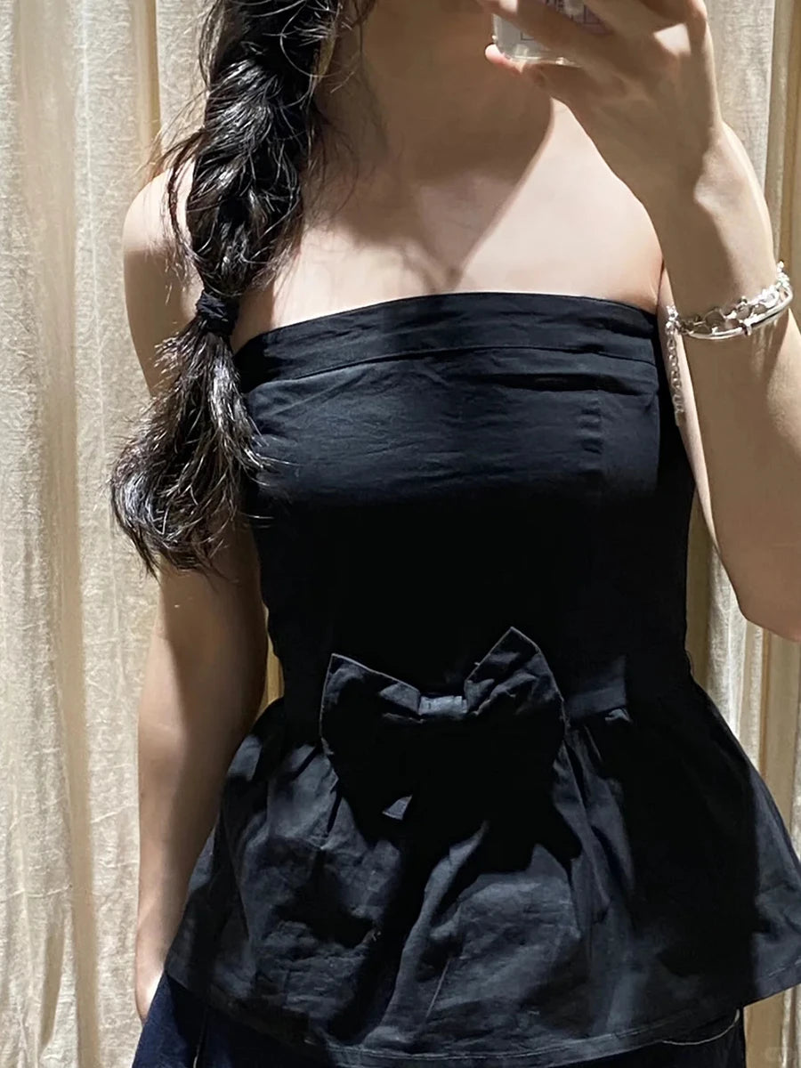 LIZAKOSHT  -  Black Bow Decor Strapless Tube Top Woman Summer Elastic Waist Sleeveless Slim Crop Tops Solid Sweet Preppy Style Cotton New Vest