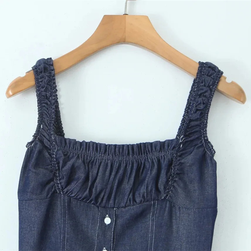 LIZAKOSHT  -  Women Smocked back  Button Christa Denim Mini Dress Blue Denim