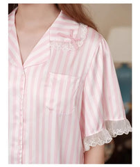LIZAKOSHT  -  Pink Short-sleeved Loungewear Suit Sexy Women 2 Piece Outfit French Striped Silk Lace Top Shorts Set Casual Pajamas Tracksuit