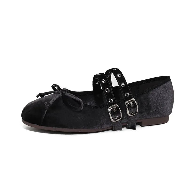 LIZAKOSHT  -  round toe pink velvet flats shoes for woman double band bowtie ballerina shoes rivets button mocasines lolita big shoes size 43
