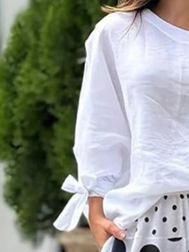 LIZAKOSHT  -  Simple Off Shoulder Women's Tees One-Shoulder Tops Elegant Loose Asymmetric Tied Casual White Blouses&Shirts Female