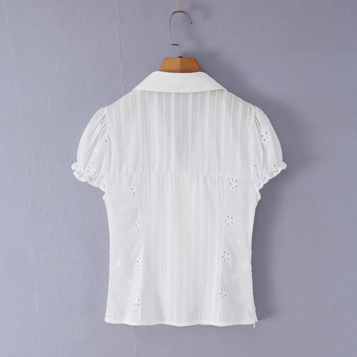 LIZAKOSHT  -  CHIC White Embroidery Flower Hole Lapel V Collar Short Puff Sleeve Shirt Women Bow Lacing Up Front Side Zipper Blouse Crop Tops