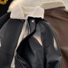 LIZAKOSHT  -  Winter Lapel Pu Leather Women Padded Jacket Faux Lamb Vintage Spliced Zipper Outwear Loose Highstreet Fleece Collar Warm Coat