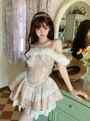 LIZAKOSHT  -  Japan Short Lolita Pink Castle Love Letter Lace Design Feeling One Shoulder Bow Splice Waist Closing Dress Women New