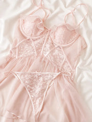 LIZAKOSHT  - Sweet Suspender Nightdress with Panties Sexy Lingerie See Through Gauze Women's Loungewear Lace Backless Steel Ring Nightdress