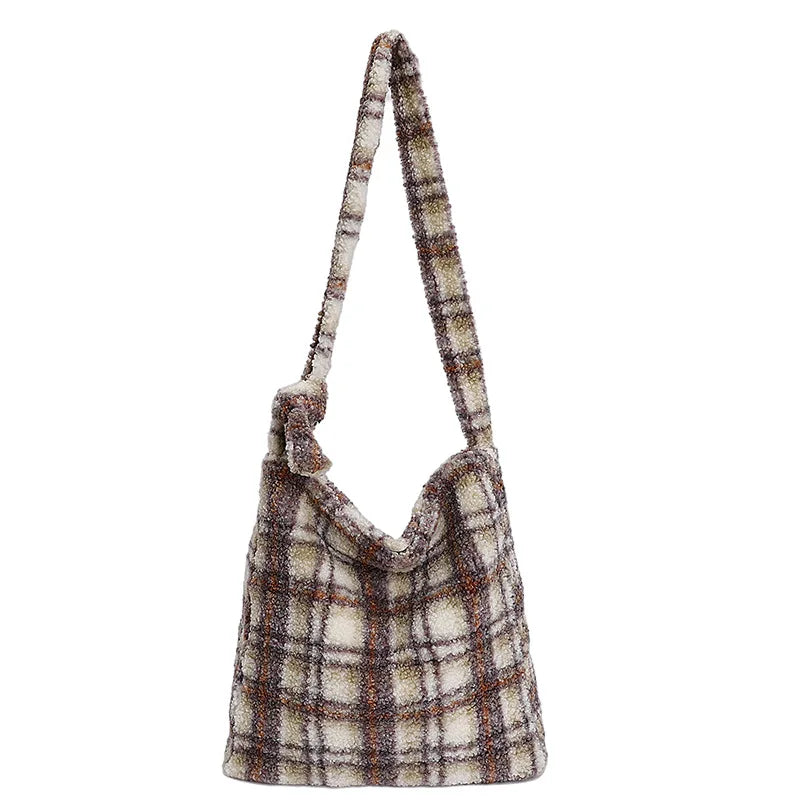 LIZAKOSHT  -  New Winter Autumn Plaid Furry Crossbody Bag Women Large Capacity Retro Shoulder Tote Bucket Bag Simple and Versatile Storage Bag
