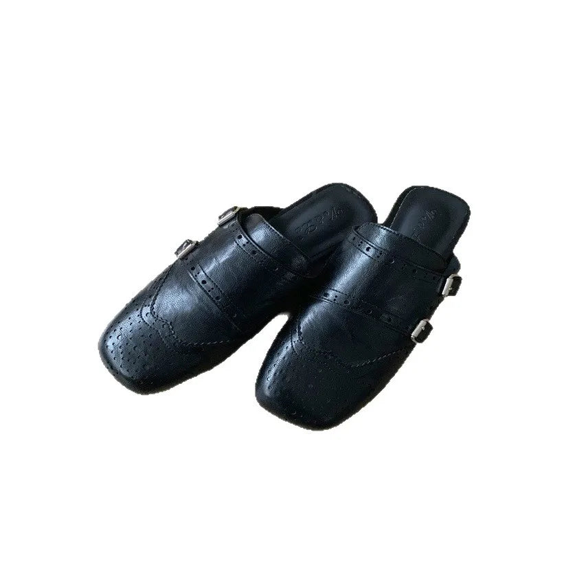 LIZAKOSHT  -  retro hollow out leather slippers women square toe double buckle sandals flat heel cutout mules shoes for woman sandalias mujer