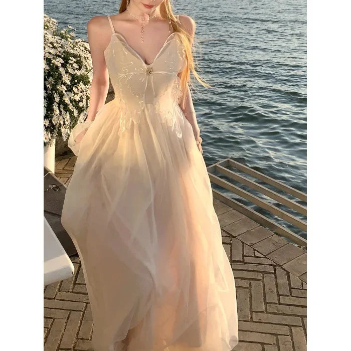 LIZAKOSHT  -  French Butterfly Strapless Long Dress Women Pure Desire Backless Lace Fairy Skirt Beach Vacation Summer Hot Sale Of The Season W