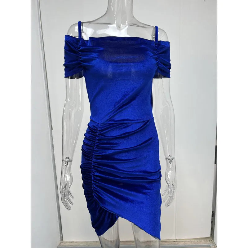LIZAKOSHT  -  Velvet Long Sve Dr Cold oulder Ruched Bodycon High Waist Street Sle Polyester Fiber Autumn Season V-Ne H-ape