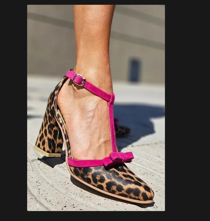 LIZAKOSHT  -  Summer High Heel Sandals Women Fashion Leopard Pattern Color blocked Butterfly Knot Buckle with Thick Heel Women's Single Shoes