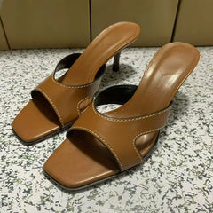 LIZAKOSHT  -  Retro Sewing Brown Women Mules Shoes Summer Casual Lightweight Open Toe Brand Stilettos Elegant Comfort Lady High Heels Sandals