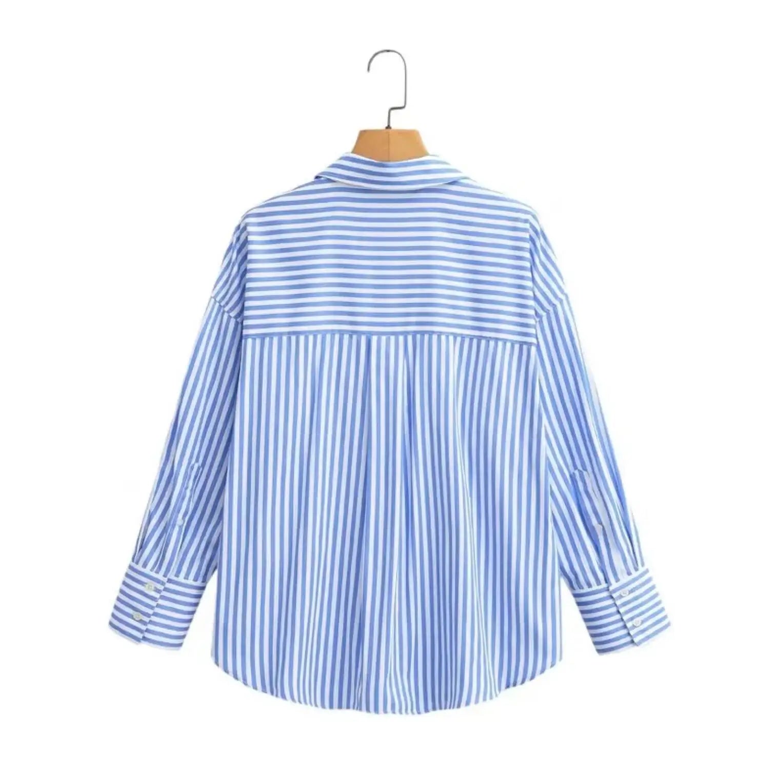 LIZAKOSHT  -  Women Single-Breasted Button Full Sleeve Loose Leisure Blouses Casual Tops Autumn Lapel Blue White Striped Print Shirt