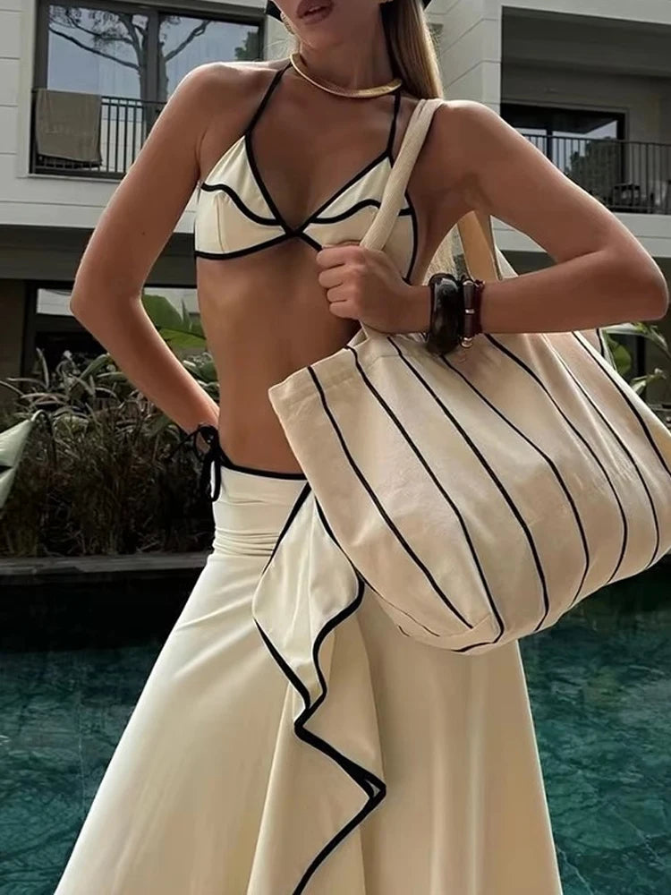 ﻿LIZAKOSHT  -  Sexy Blocked Color Three Piece Bikini Set Black White Women Swimsuit Elegant Halter Backless with Long Skirt Bathing Suit